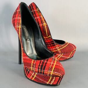 CASADEI Size 9 Red Black Yellow Tweed Plaid Leather Trim Platform Pumps